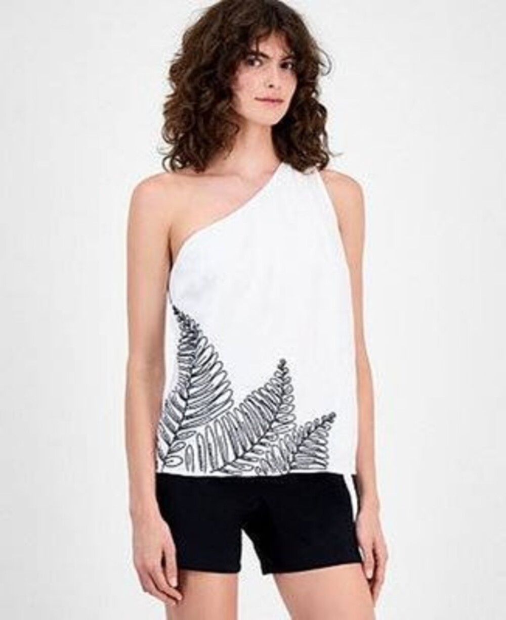 I.N.C. Linen-Blend Palm Embellished Asymmetrical Top Women's XS Bright White
